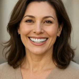 Gülüş tasarımı hizmeti almış ekrana karşı gülümseyen orta yaşlı kadının portresi