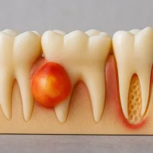 Yatay formatta hazırlanmış diş maketi üzerinde, diş kökünde kırmızı ve şiş bir apse ile diş iltihabı gösteren medikal eğitim görseli.