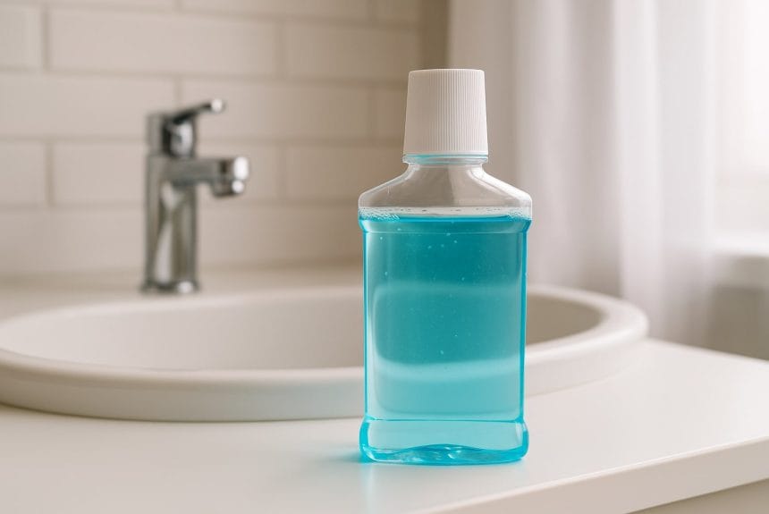 agiz-bakim-suyu-ne-ise-yarar Beyaz bir banyo tezgahı üzerinde lavabonun yanında duran mavi ağız bakım suyu şişesi, doğal ışık altında çekilmiş, hijyenik ve modern bir ortamda yatay blog görseli.