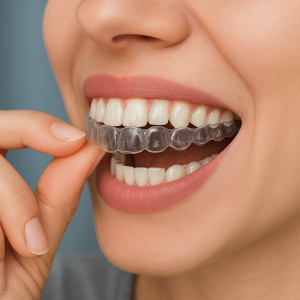Şeffaf plak fiyatlarını temsilen çekilmiş şeffaf plak invisalign takan hasta görseli