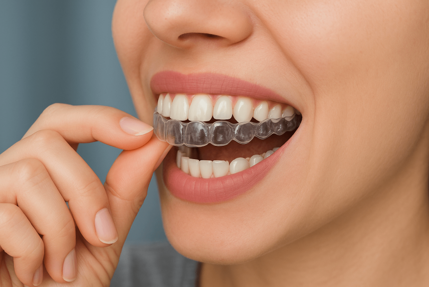 Şeffaf plak fiyatlarını temsilen çekilmiş şeffaf plak invisalign takan hasta görseli