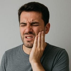 Diş ağrısı çeken bir adam ağrıyan diş çekilir mi sorusunu kendine soruyor ve yüzünü acıyla tutuyor, gözleri kapalı ve ifadesi belirgin şekilde rahatsız.