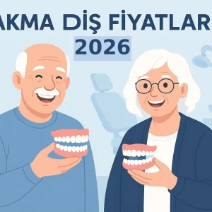 Takma Diş Fiyatları 2026” başlığı altında, diş protezlerini ellerinde tutan gülümseyen yaşlı bir çiftin bulunduğu, modern ve sade tasarımlı afiş tarzı görsel.