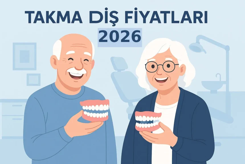 Takma Diş Fiyatları 2026” başlığı altında, diş protezlerini ellerinde tutan gülümseyen yaşlı bir çiftin bulunduğu, modern ve sade tasarımlı afiş tarzı görsel.