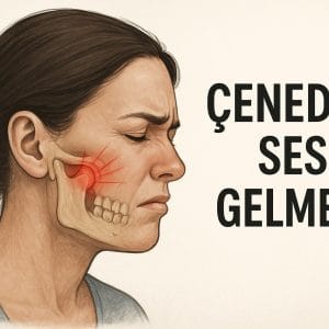 Çeneden ses gelmesi başlığını içeren ve çenesi ağrıyan bir kadın