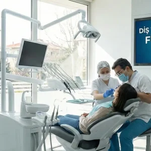 Diş taşı temizliği fiyatları 2026 yazan ve klinik ortamını gösteren görsel