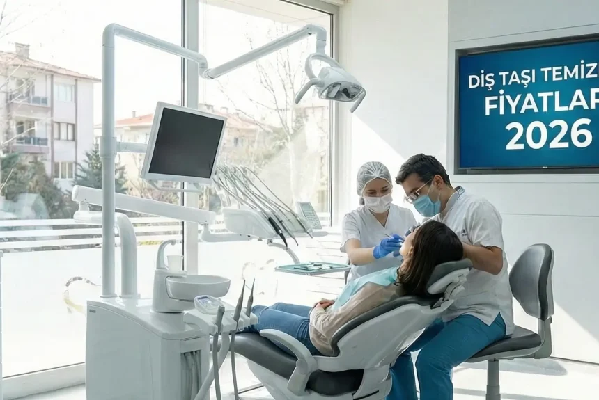 Diş taşı temizliği fiyatları 2026 yazan ve klinik ortamını gösteren görsel