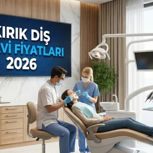 2026 yılı diş kliniği iç mekan tasarımı ve diş taşı temizliği tedavisi. Ekranda 'Kırık diş tedavi fiyatları 2026' yazan, son teknoloji ekipmanlarla donatılmış profesyonel ağız ve diş sağlığı merkezi.