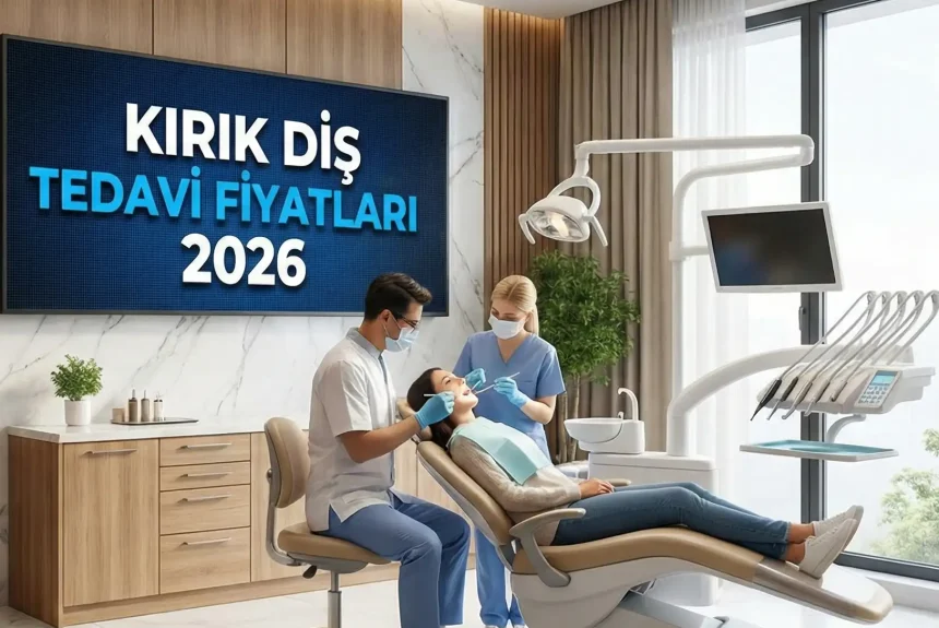 2026 yılı diş kliniği iç mekan tasarımı ve diş taşı temizliği tedavisi. Ekranda 'Kırık diş tedavi fiyatları 2026' yazan, son teknoloji ekipmanlarla donatılmış profesyonel ağız ve diş sağlığı merkezi.