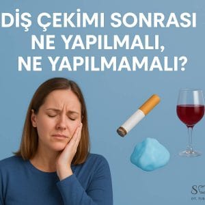 Diş çekimi sonrası ne yapılmalı, ne yapılmamalı? başlıklı yatay blog kapak görseli. Yüzünü tutarak ağrı hisseden genç bir kadın, yanında sigara ikonu, alkol bardağı ikonu ve buz torbası ikonu yer alıyor. Açık mavi arka plan üzerinde bilgilendirici tasarım.