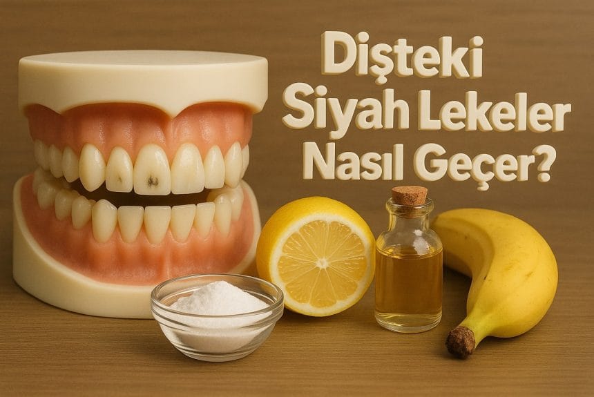 Bir diş maketi üzerinde diş diplerinde siyah lekeler görülüyor. Yanında doğal çözümler gerçek objeler olarak yer almakta: küçük cam kasede karbonat, yarım kesilmiş limon, elma sirkesi şişesi ve bütün bir muz. Arka planda 'Dişteki Siyah Lekeler Nasıl Geçer?' yazısı bulunuyor.