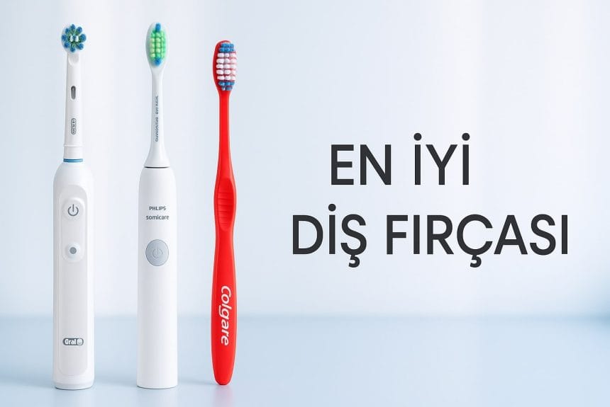 2025’in en iyi diş fırçaları: Oral-B elektrikli, Philips Sonicare elektrikli ve Colgate manuel fırça ile beyaz ve mavi arka planda modern blog kapak görseli.