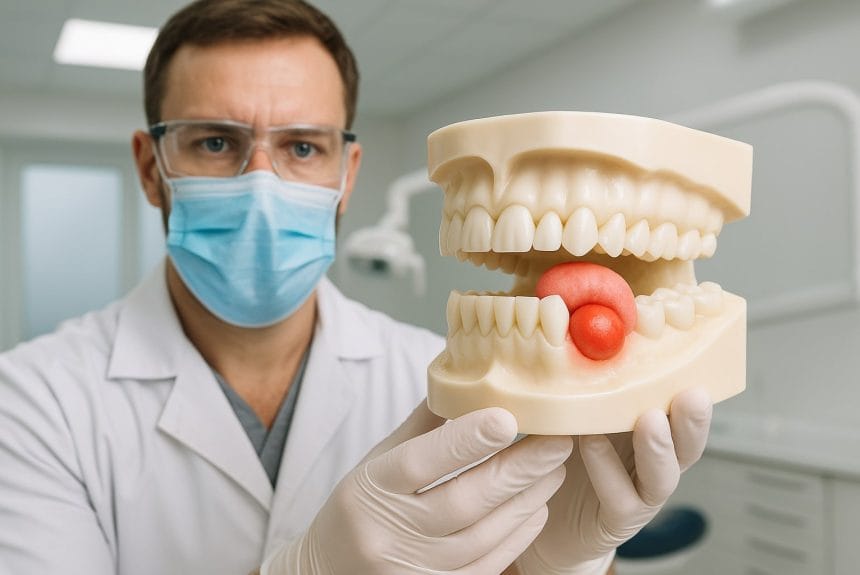 Kist fiyatları hakkında kist oluşumunu gösteren maket ağızlığı tutan diş hekimi ve klinik ortamı