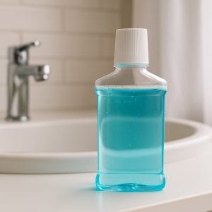 Beyaz bir banyo tezgahı üzerinde lavabonun yanında duran mavi ağız bakım suyu şişesi, doğal ışık altında çekilmiş, hijyenik ve modern bir ortamda yatay blog görseli.