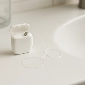 Diş ipi nasıl kullanılır göstermeden önce beyaz bir banyo tezgahı üzerinde açık kapaklı diş ipi kabı, yanında lavabonun göründüğü temiz ve aydınlık bir ortamda yatay çekilmiş blog görseli.