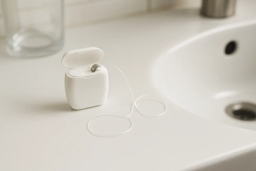 Diş ipi nasıl kullanılır göstermeden önce beyaz bir banyo tezgahı üzerinde açık kapaklı diş ipi kabı, yanında lavabonun göründüğü temiz ve aydınlık bir ortamda yatay çekilmiş blog görseli.